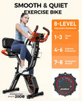 Pooboo 4 - in - 1 Exercise Bike, Foldable Stationary Bike, Tri - Position Indoor Cycling Bike with 8 - Level Resistance, Arm Resistance Bands, Pulse Sensor & Back Support Cushion for Home Gym Workout