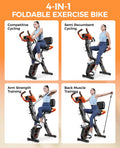 Pooboo 4 - in - 1 Exercise Bike, Foldable Stationary Bike, Tri - Position Indoor Cycling Bike with 8 - Level Resistance, Arm Resistance Bands, Pulse Sensor & Back Support Cushion for Home Gym Workout