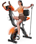 Pooboo 4 - in - 1 Exercise Bike, Foldable Stationary Bike, Tri - Position Indoor Cycling Bike with 8 - Level Resistance, Arm Resistance Bands, Pulse Sensor & Back Support Cushion for Home Gym Workout